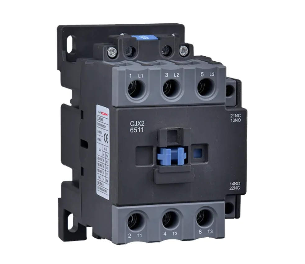 VIOX CJX2 AC contactor mounted in industrial control panel showing three-pole power terminals and control coil for motor control applications